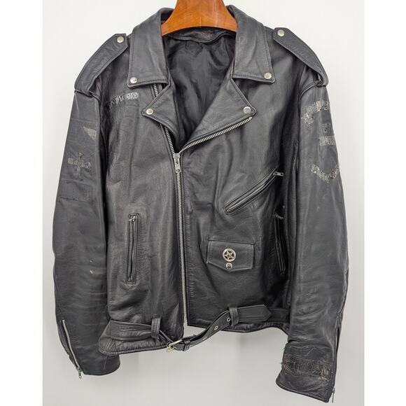 Vintage Distressed Black Leather Motorcycle Jacket YKK Zippers Size XL Biker - Picture 2 of 10